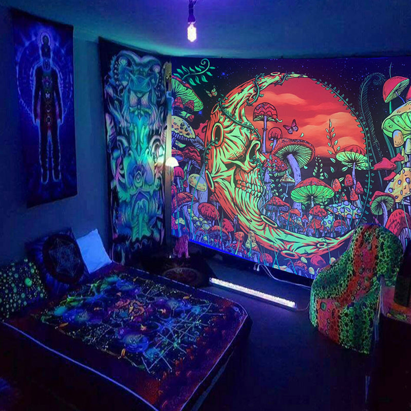 Cross-border Amazon Fluorescent Tapestry Tree Of Life Psychedelic Skull Starry Sky Black Light Background Fabric Dormitory Decorative Hanging Cloth