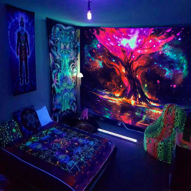 Cross-border Amazon Fluorescent Tapestry Tree Of Life Psychedelic Skull Starry Sky Black Light Background Fabric Dormitory Decorative Hanging Cloth