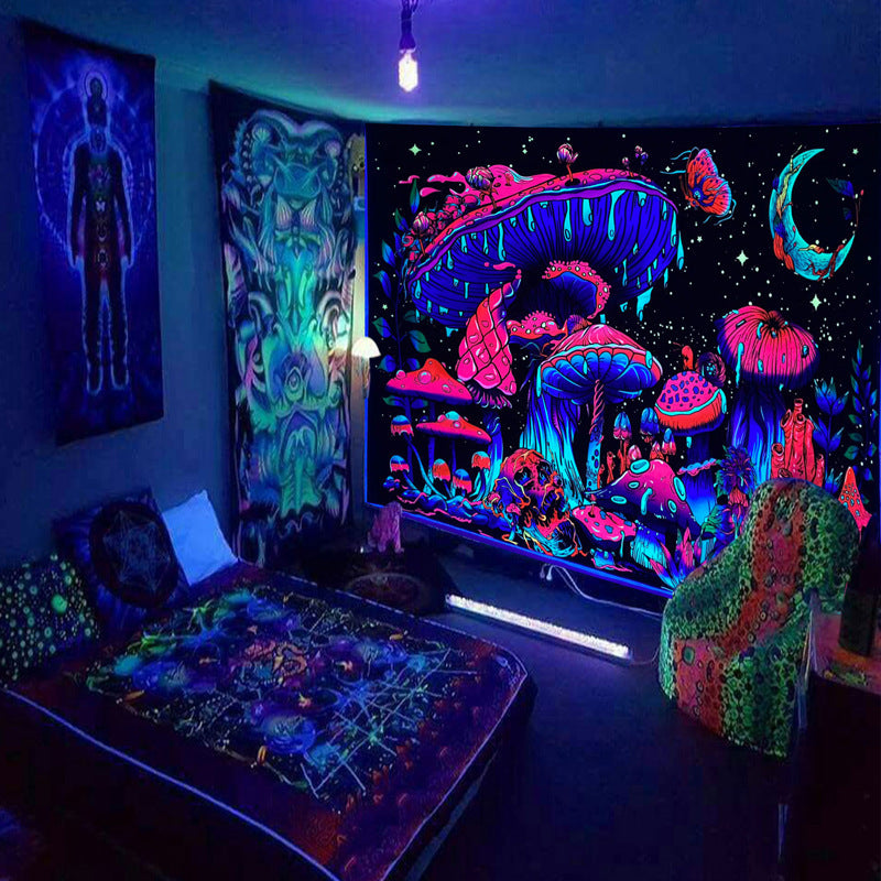 Cross-border Amazon Fluorescent Tapestry Tree Of Life Psychedelic Skull Starry Sky Black Light Background Fabric Dormitory Decorative Hanging Cloth